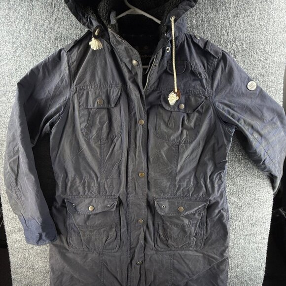 Barbour Winterton Wax Jacket Women Blue Full Zip Hooded Size 12 USA Long Adult - Picture 1 of 16